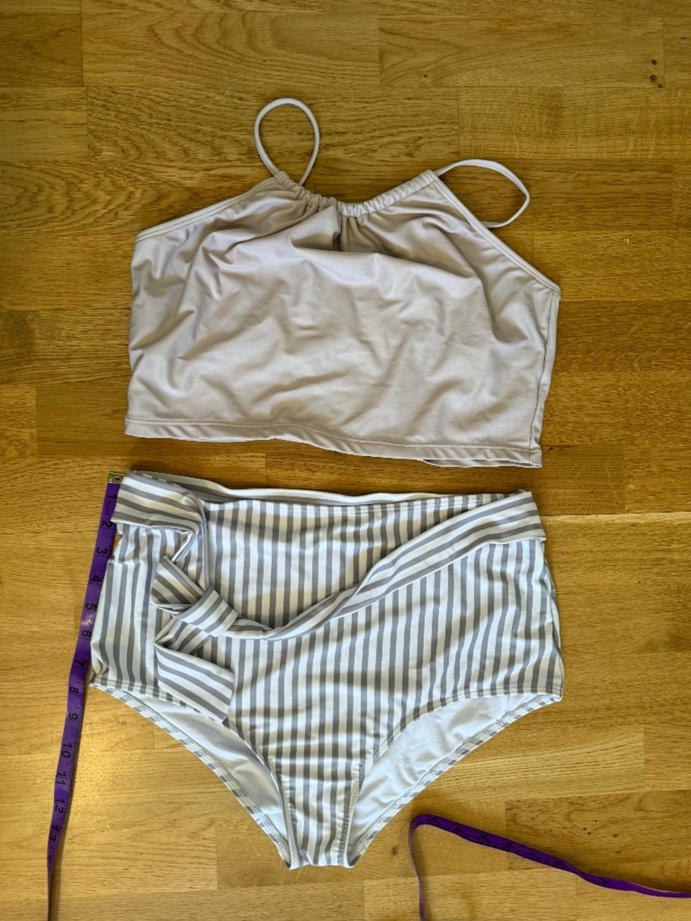 High Waisted Tankini Swimsuit Set Grey White Stripe High Neck Two Piece Sz L